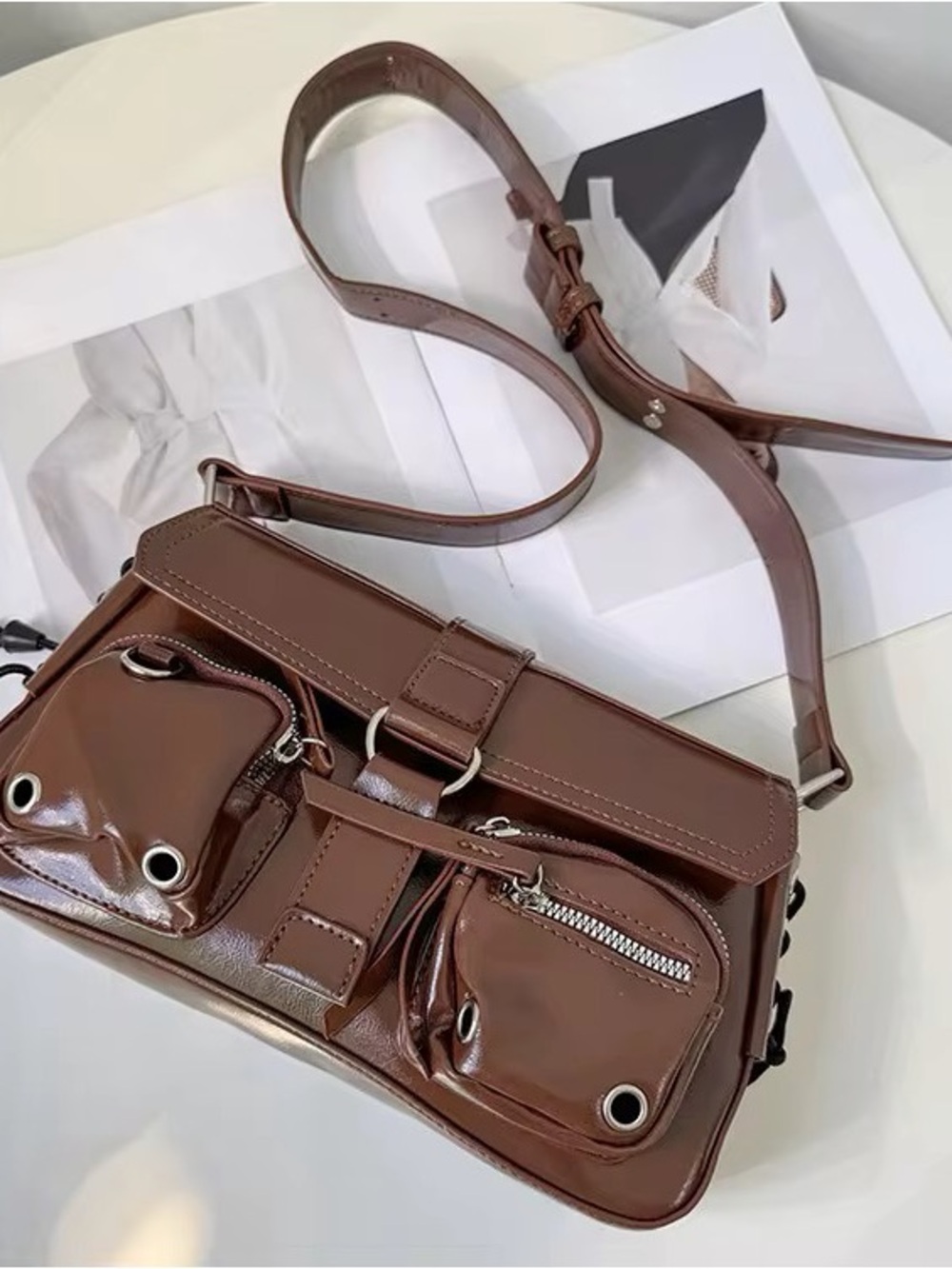 Brown Women's Crossbody Shoulder Bag with Front Pockets